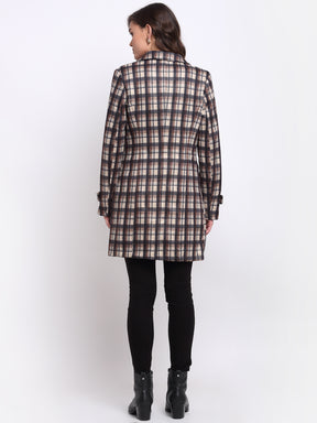 A New Brand Women Brown Collared Checked Polyester Coat