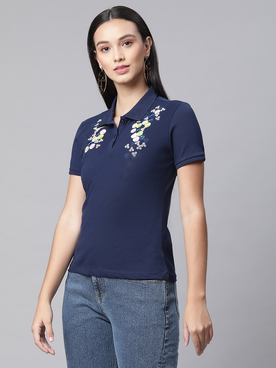 women navy blue polo embroidery t shirt