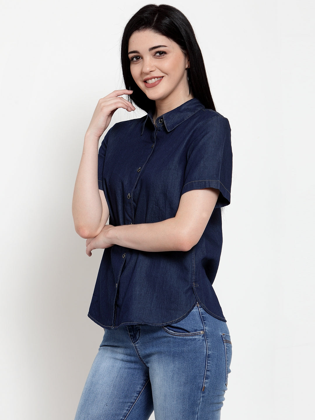 Women Blue Denim Shirt Collar  Shirt