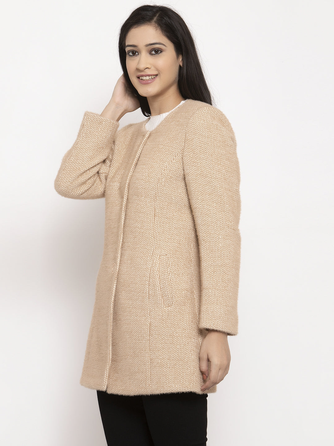 Women Khaki T-Neck Solid Coat