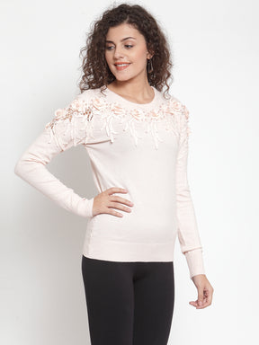 Women Peach Striped Pullover Sweater