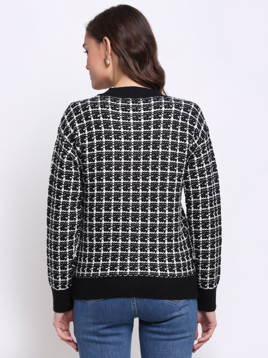 Best Women Black Round Neck Checked KNIT Cardigan