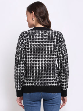Best Women Black Round Neck Checked KNIT Cardigan