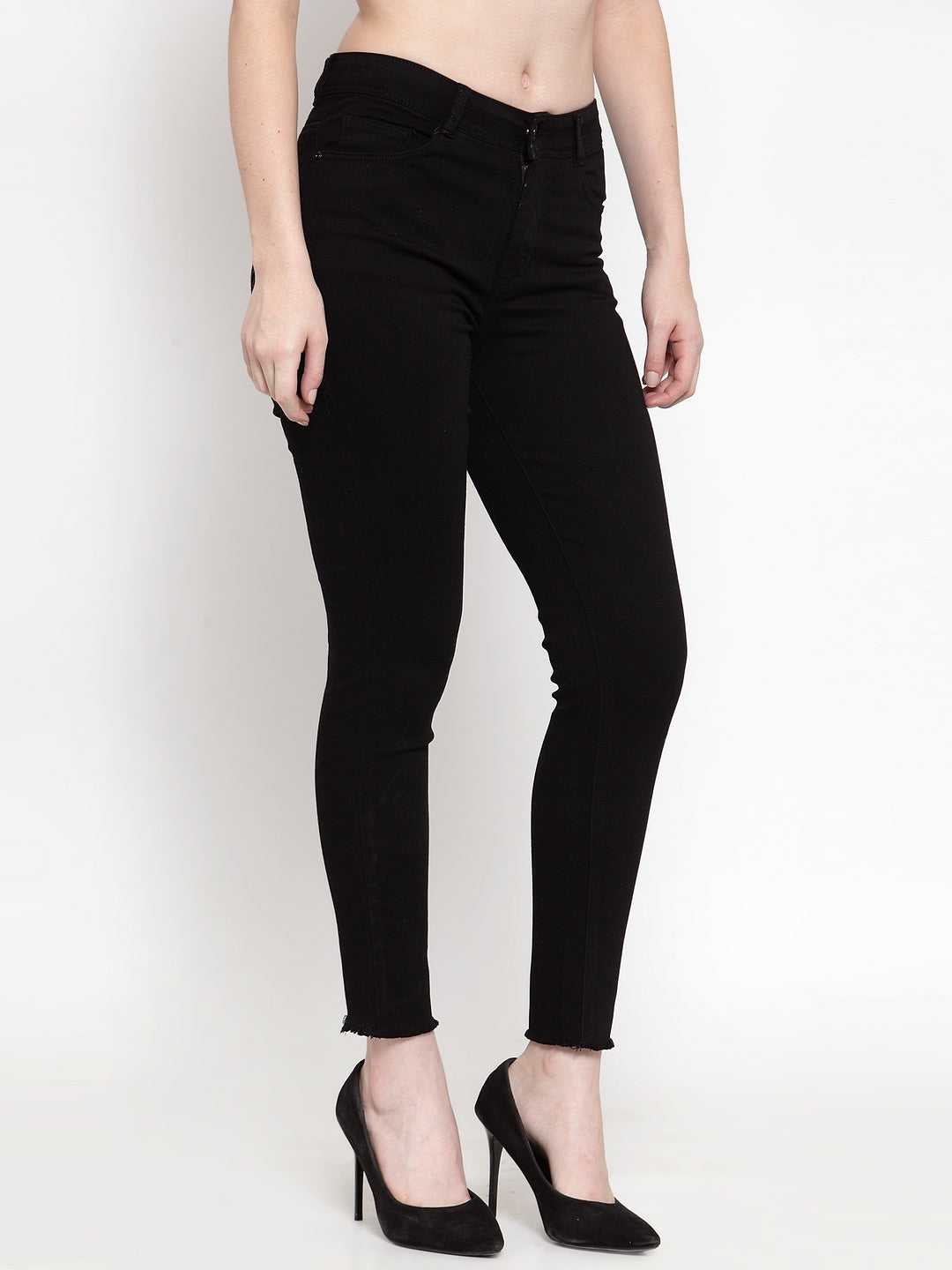 Women Skinny Frayed edges Black Jeans
