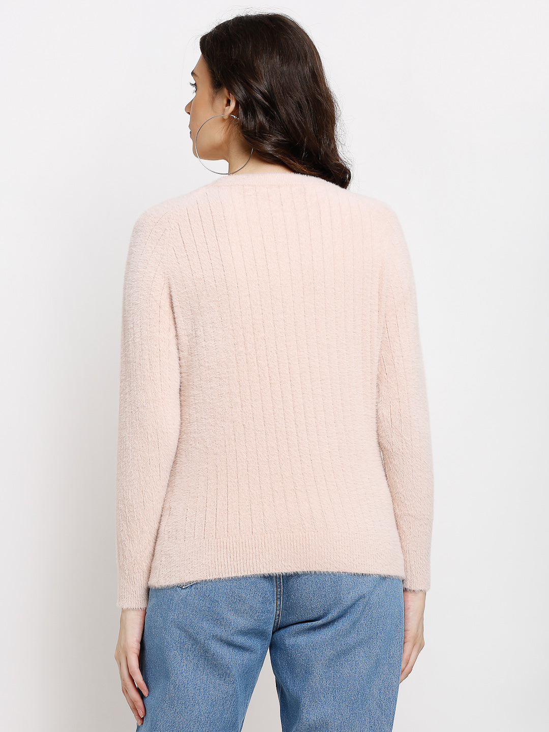 Women Pink Knitted Solid Round Neck Regular Fit Pullover