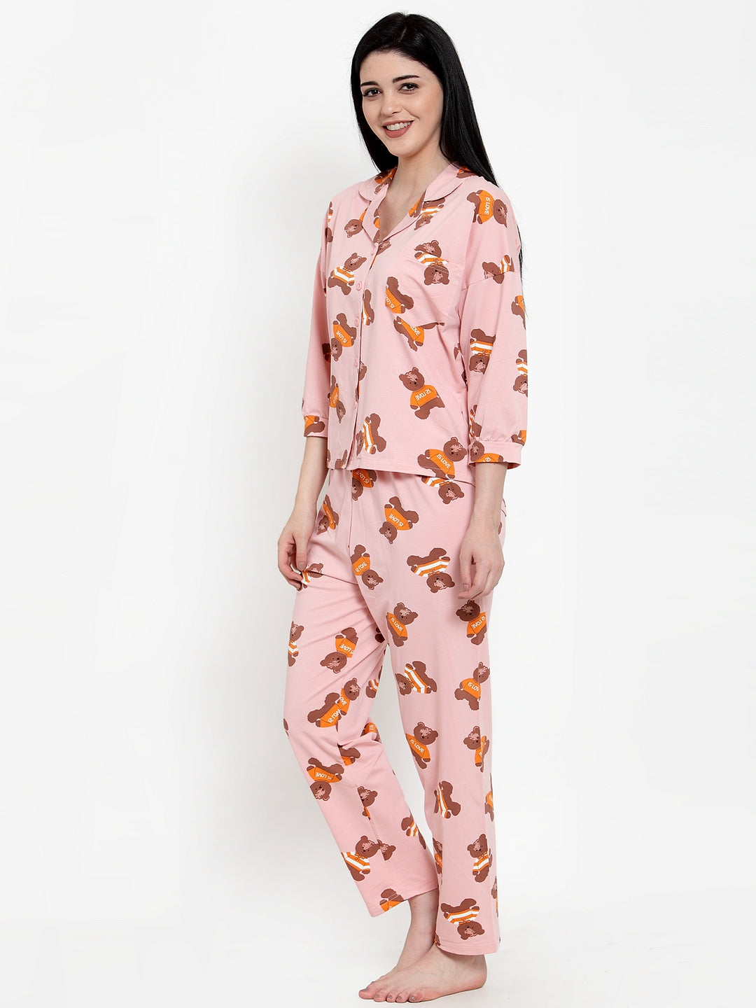 Women Pink Cotton Printed NightSuit