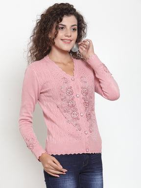 Women Pink V-Neck Embroidered Cardigan