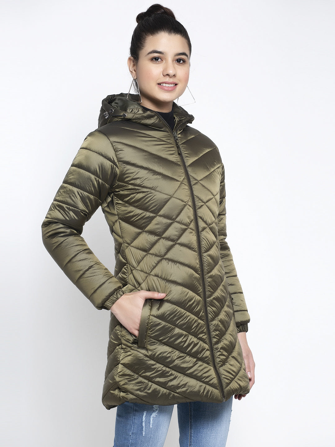 Women Olive Hooded Jacket