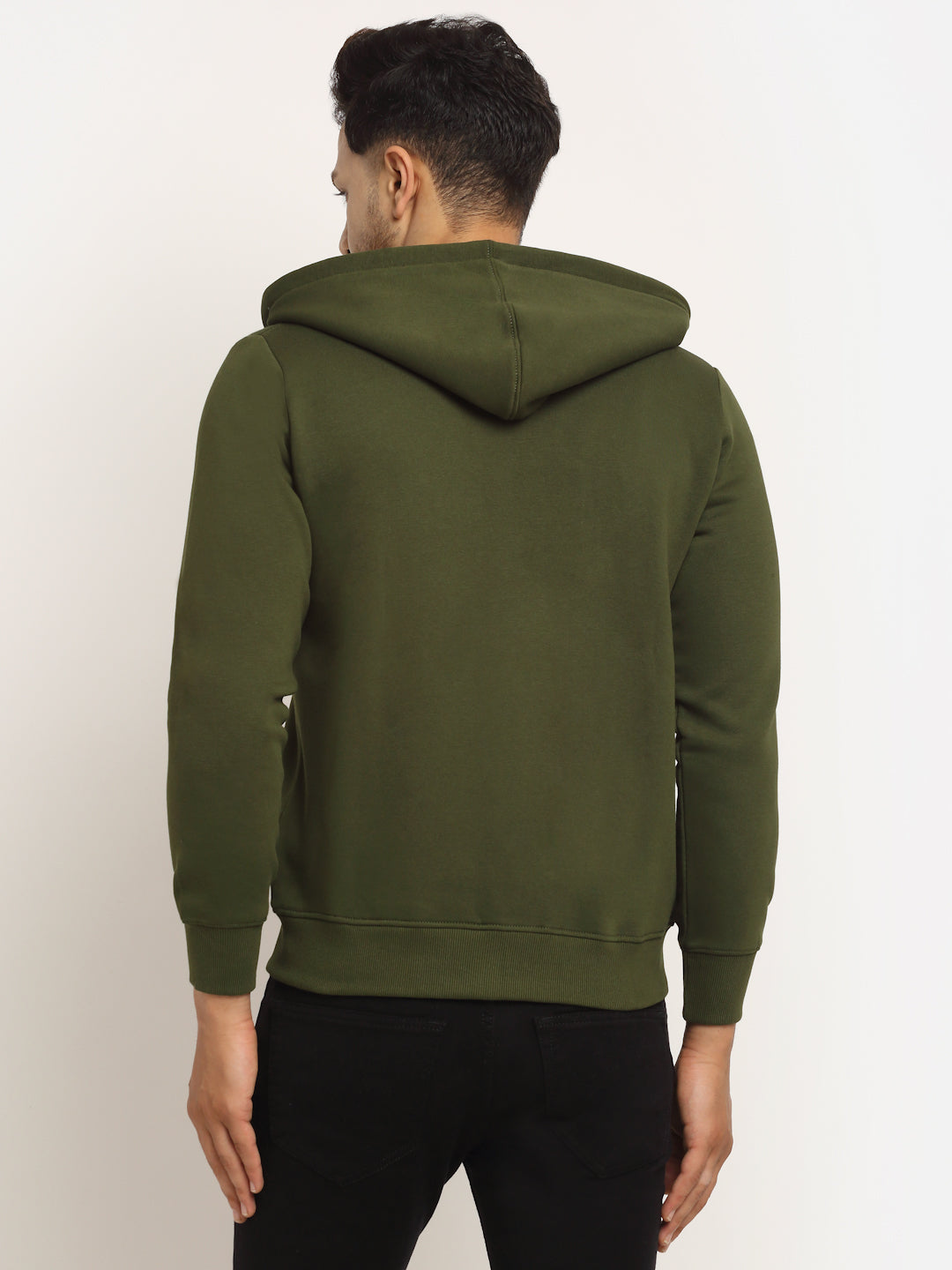 Men Olive Green Hosiery Solid Hooded Sweatshirt