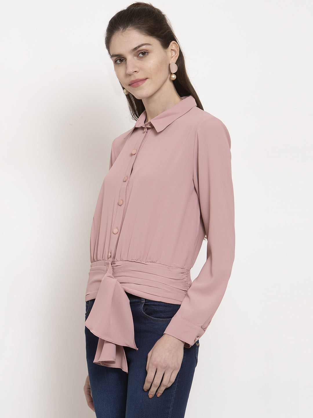 Ladies Pinkish waist tied Collared Top