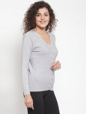 Women Solid Grey Cardigan With Pearls