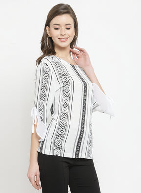White Boat Neck Top With Printed Stripes