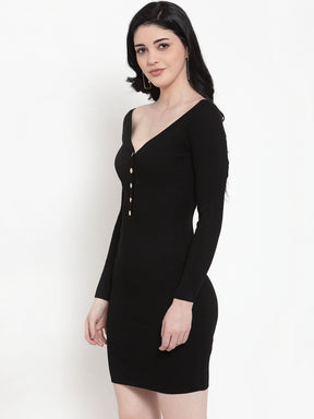 Women Black Blended V Neck Solid Mini Dress