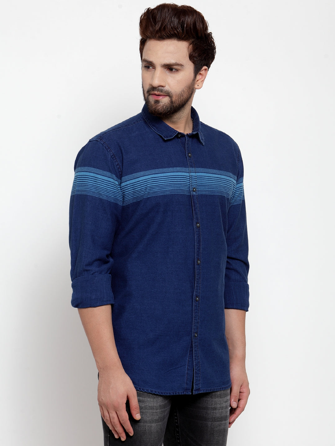 Men Blue Printed Denim Shirt
