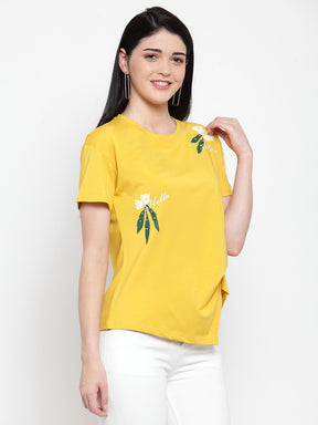 Women Mustard Hosiery Printed T-Shirt