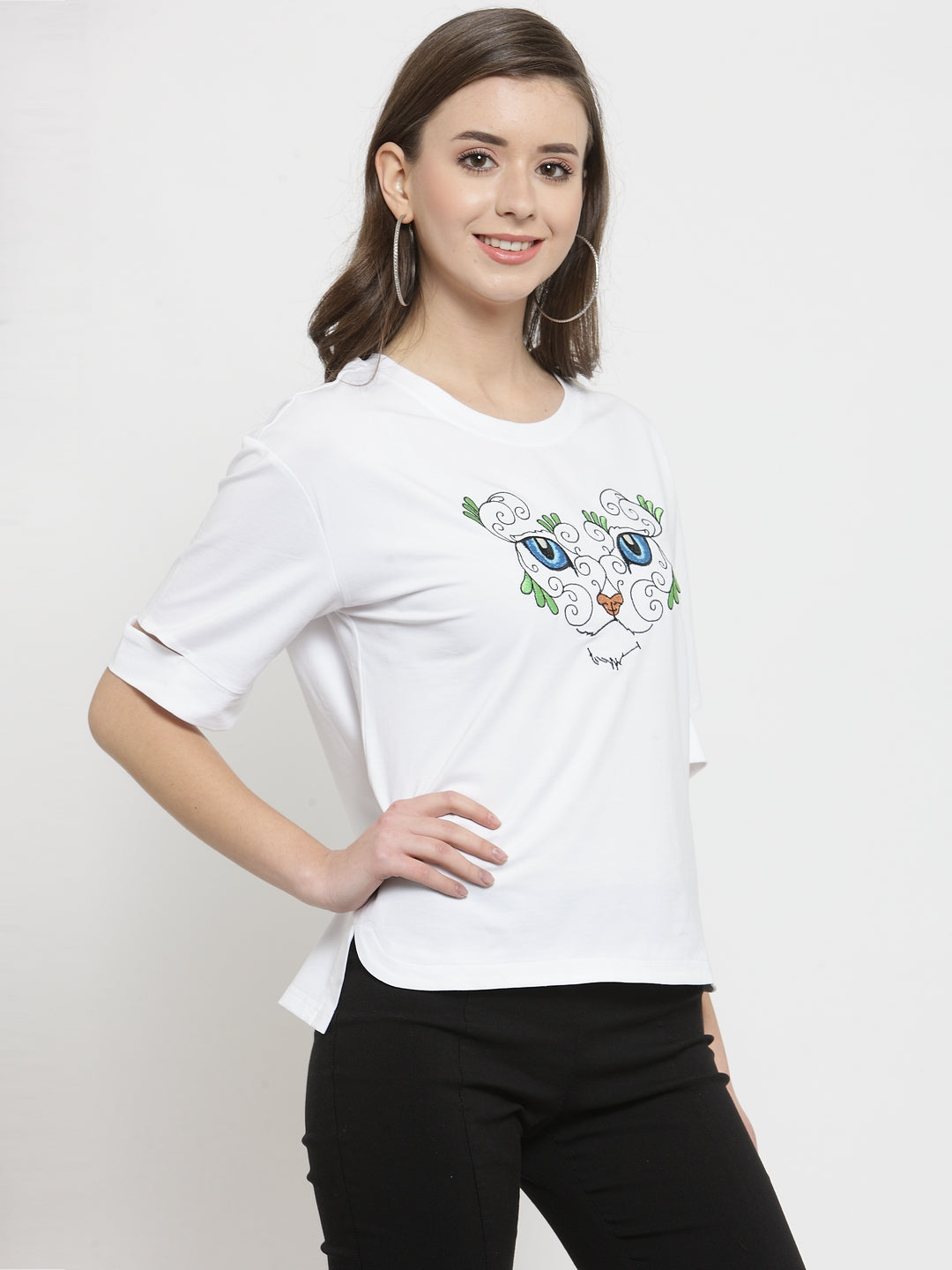 Women White Printed Round Neck Regular Fit T-Shirts