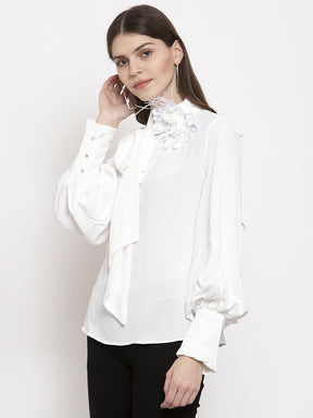 Women White Solid Round Neck Bishop Sleeves Top