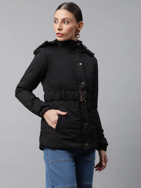 Women Black Regular Fit Detactchable Hood Puffer Jacket