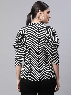 Women V-Neck Regular Cowl Sleeves Black Printed Blouson Top