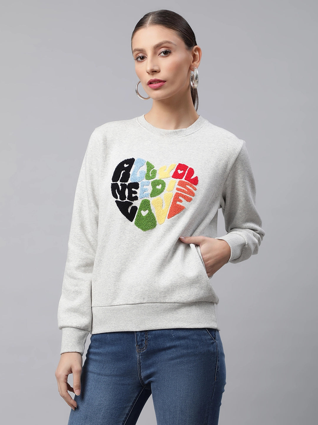 Women Ecru Typographic Heart Tufted Regular Fit Fleece Sweatshirt - Global Republic