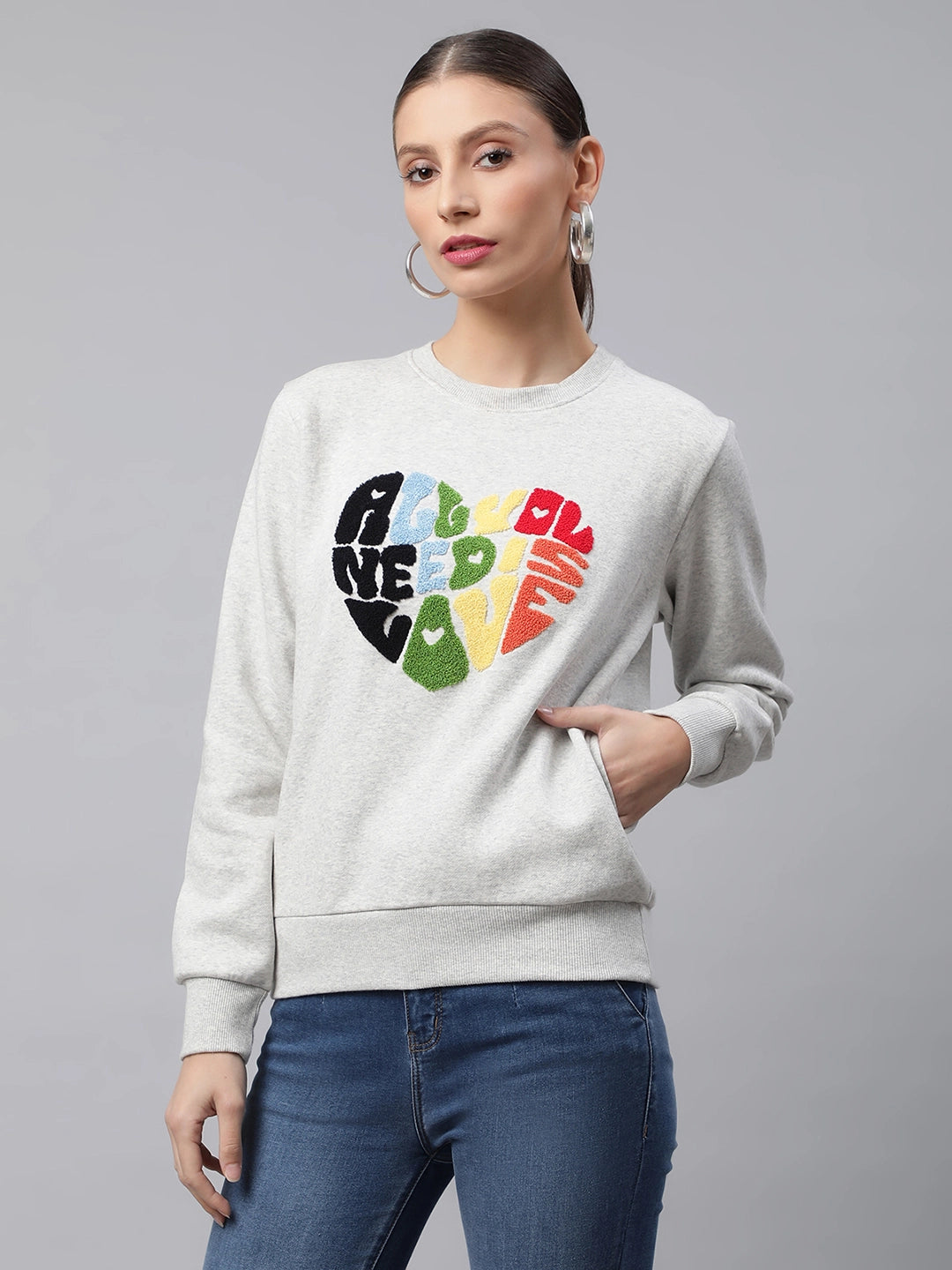 Women Ecru Typographic Heart Tufted Regular Fit Fleece Sweatshirt