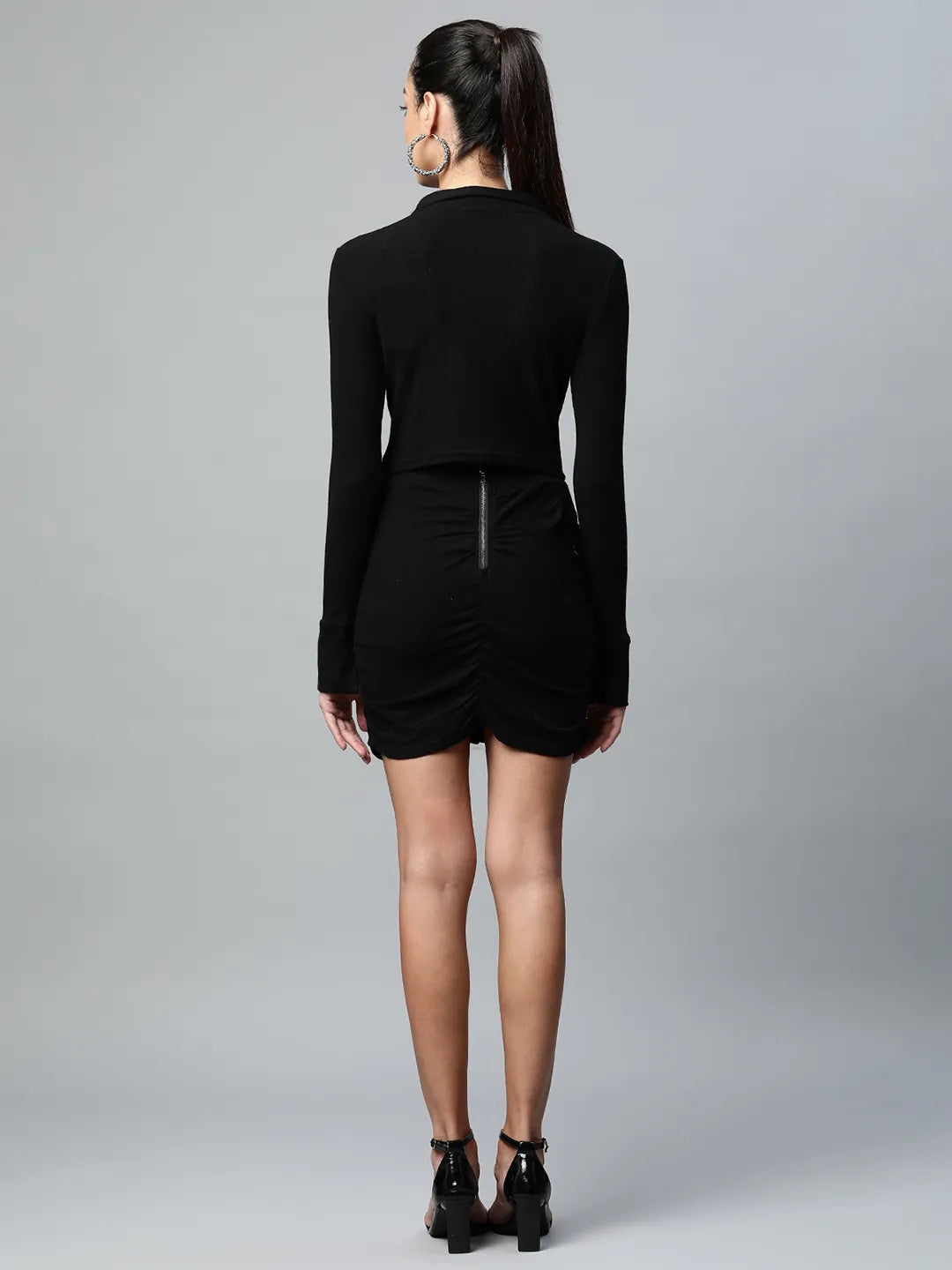 Women Black Shirt Collar Front Placket Ruched Co-ord Set