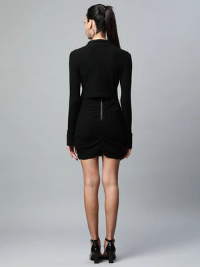Women Black Shirt Collar Front Placket Ruched Co-ord Set