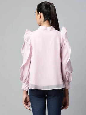 Women Pink Tie-Up Neck Ruffle Sleeve Blouse Top