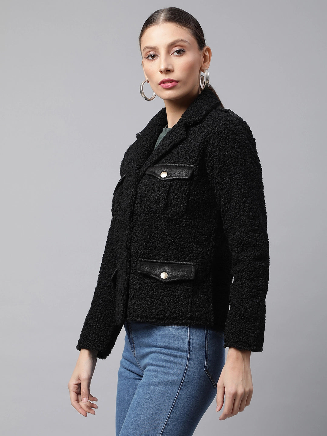 Women Black Notch Collar Polar Straight Fit Fleece Jacket
