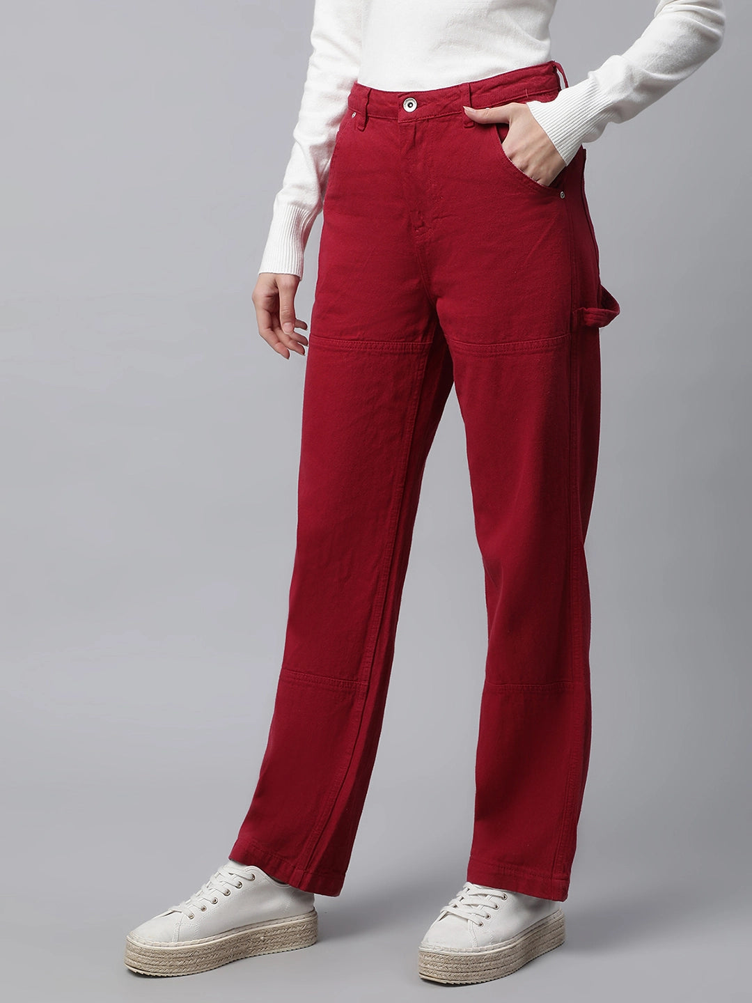 women red pocket loop belt straight leg mid rise jeans