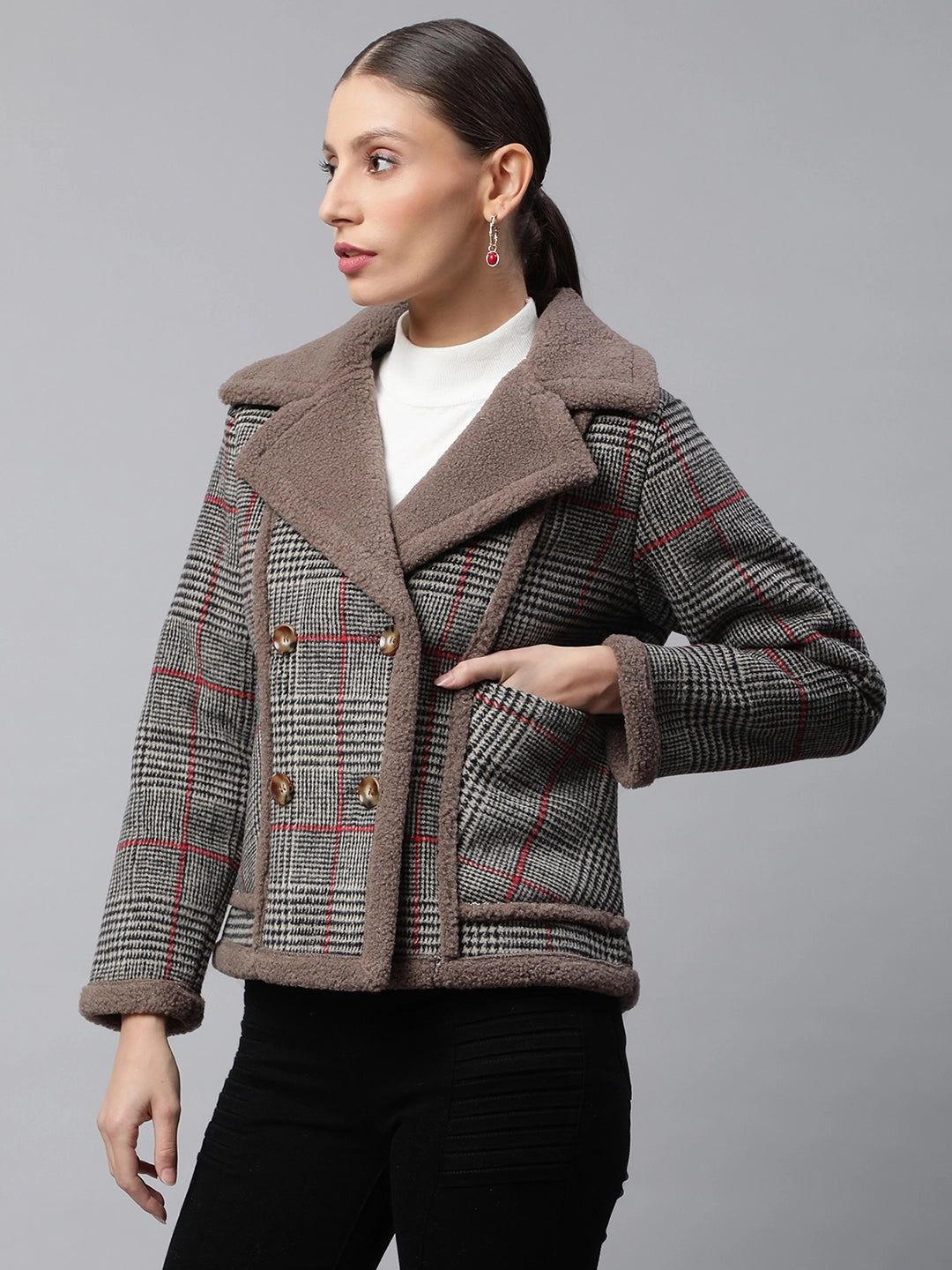 Women Brown Glen Check Straight Fit Double Breasted Jacket