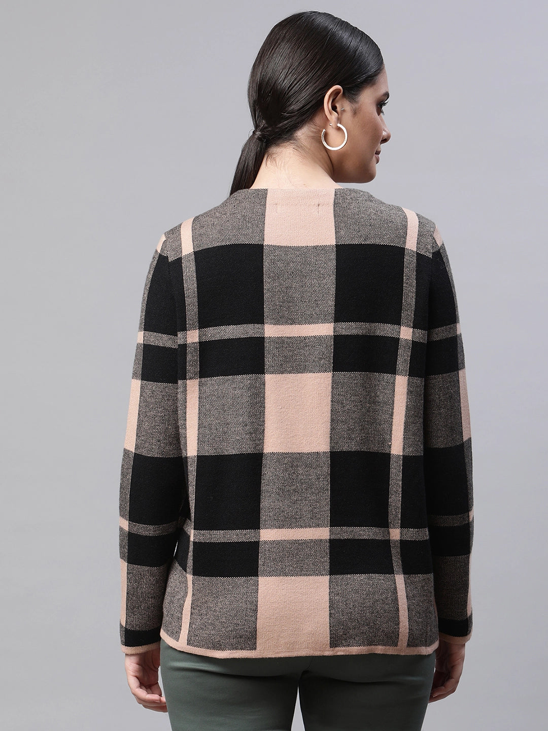 Caramel Checkered Regular Fit Knitted Cardigan