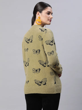Women Green Jacquard Knitted With Butterfly Pullover