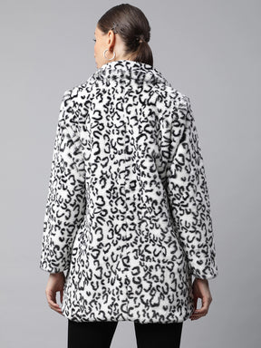 Women White Relaxed Fit Furry Snow Leopard Print Coat