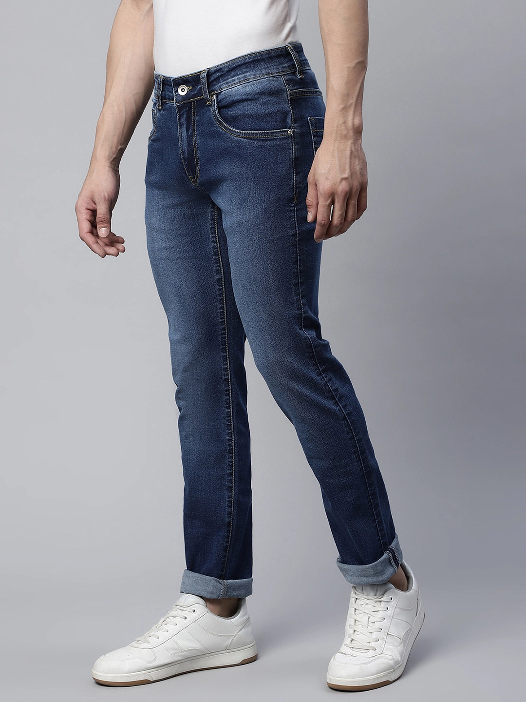 Mens Mid Blue Wiskering Effect Straight Leg Mid Rise Jeans