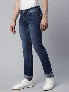 Mens Mid Blue Wiskering Effect Straight Leg Mid Rise Jeans