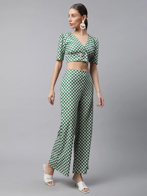 women green off white crop top flared pants coord set
