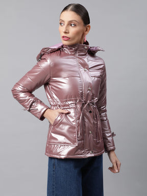 Women Coral Detachable Hood Metallic Puffer Jacket