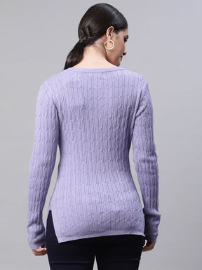 Women V-Neck Elongated Full Sleeves Lavender Jacquard Regular Fit Acrylic Pullover
