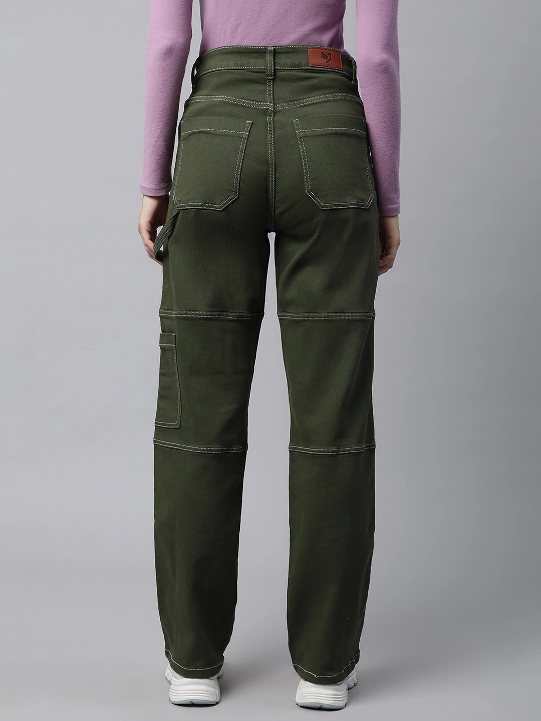 Women Olive Contrast Stitch Straight Leg Mid Rise Jeans