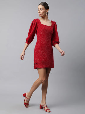 women red shimmery sheath party dress