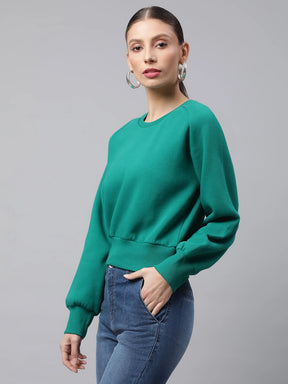 Women Green Raglan Sleeves Loose Fit Fleece Sweatshirt