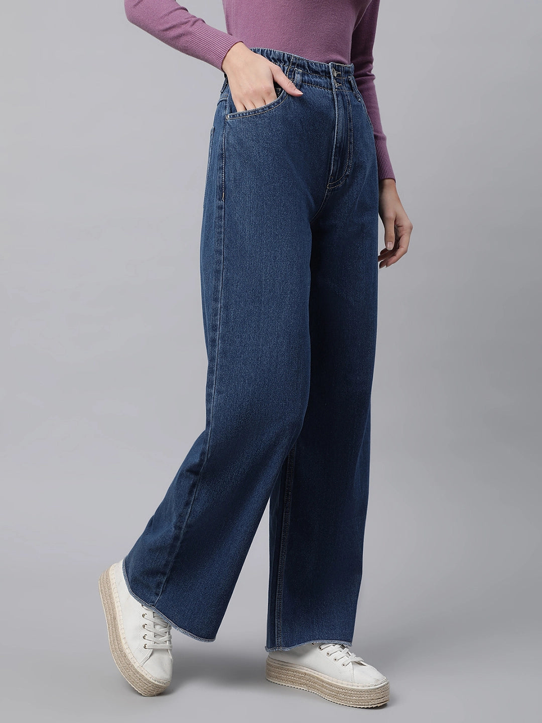 Women Double Waistband Skin Fit Blue Jeans