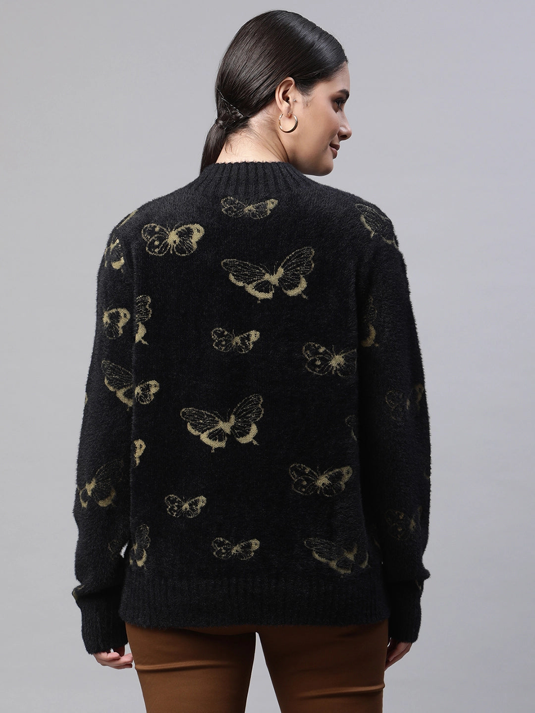 Women Jacquard Knitted Butterfly Pullover With Black