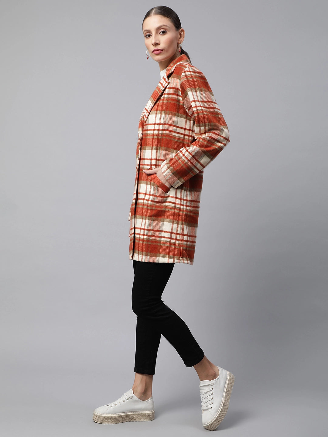 Women Orange Relaxed Fit Checkered Single Breasted Coat