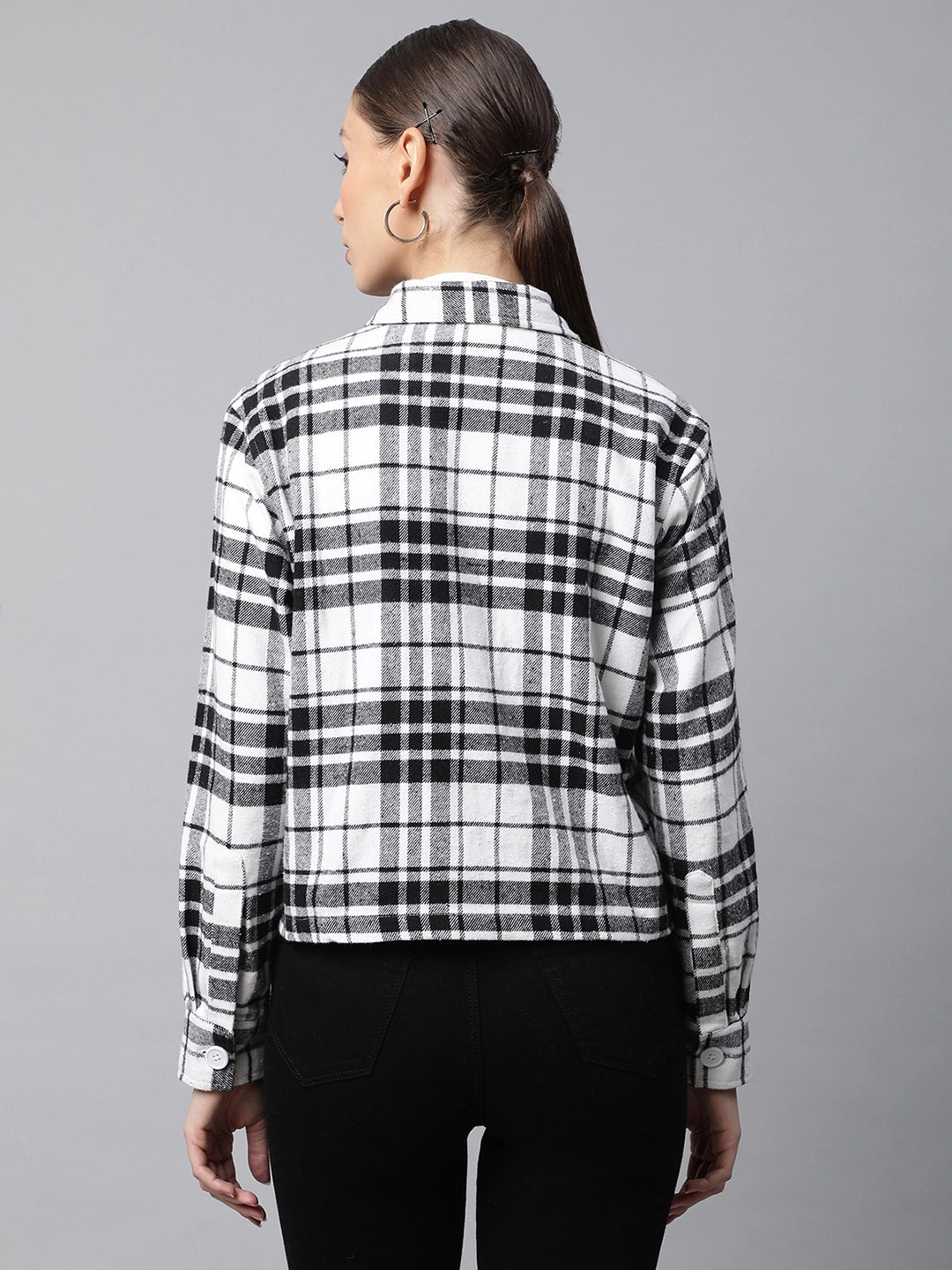 women black white loose fit checkered crop plaid shirt