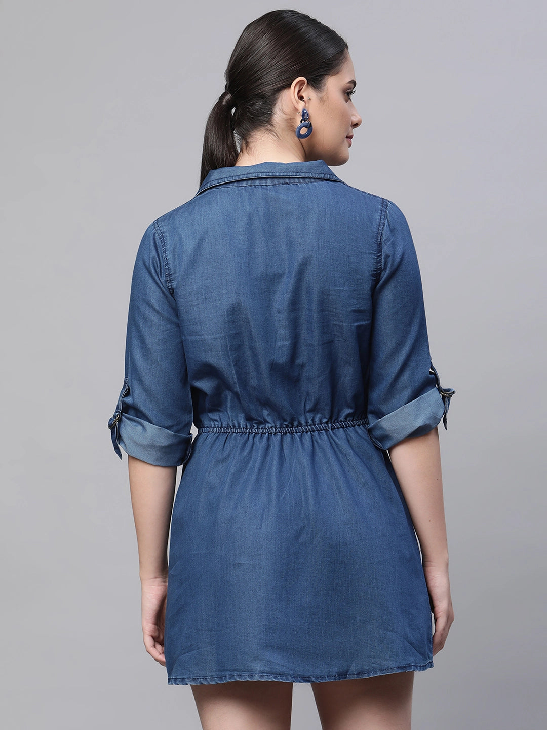 women notch collar folded quarter sleeves dark blue solid regular fit denim dress