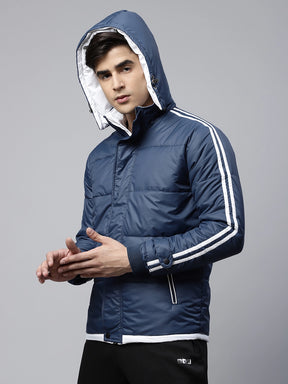 Mens Navy Blue Detachable Hood Puffer Jacket