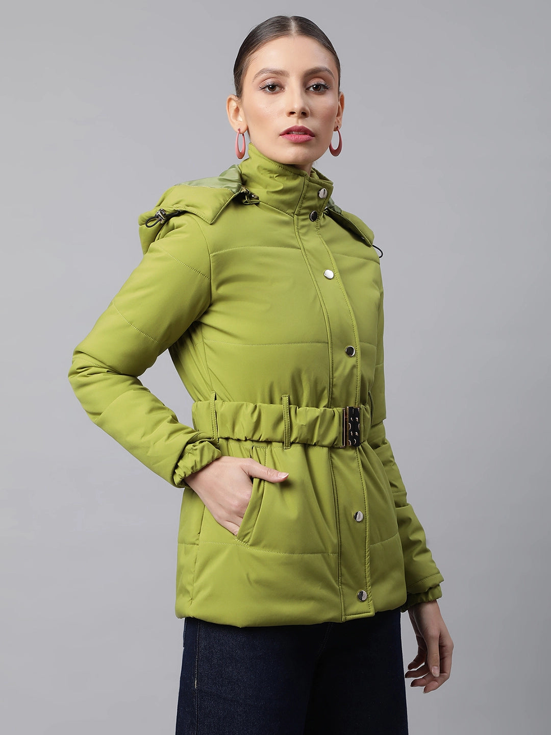 Women Green Detactchable Hood Puffer Jacket
