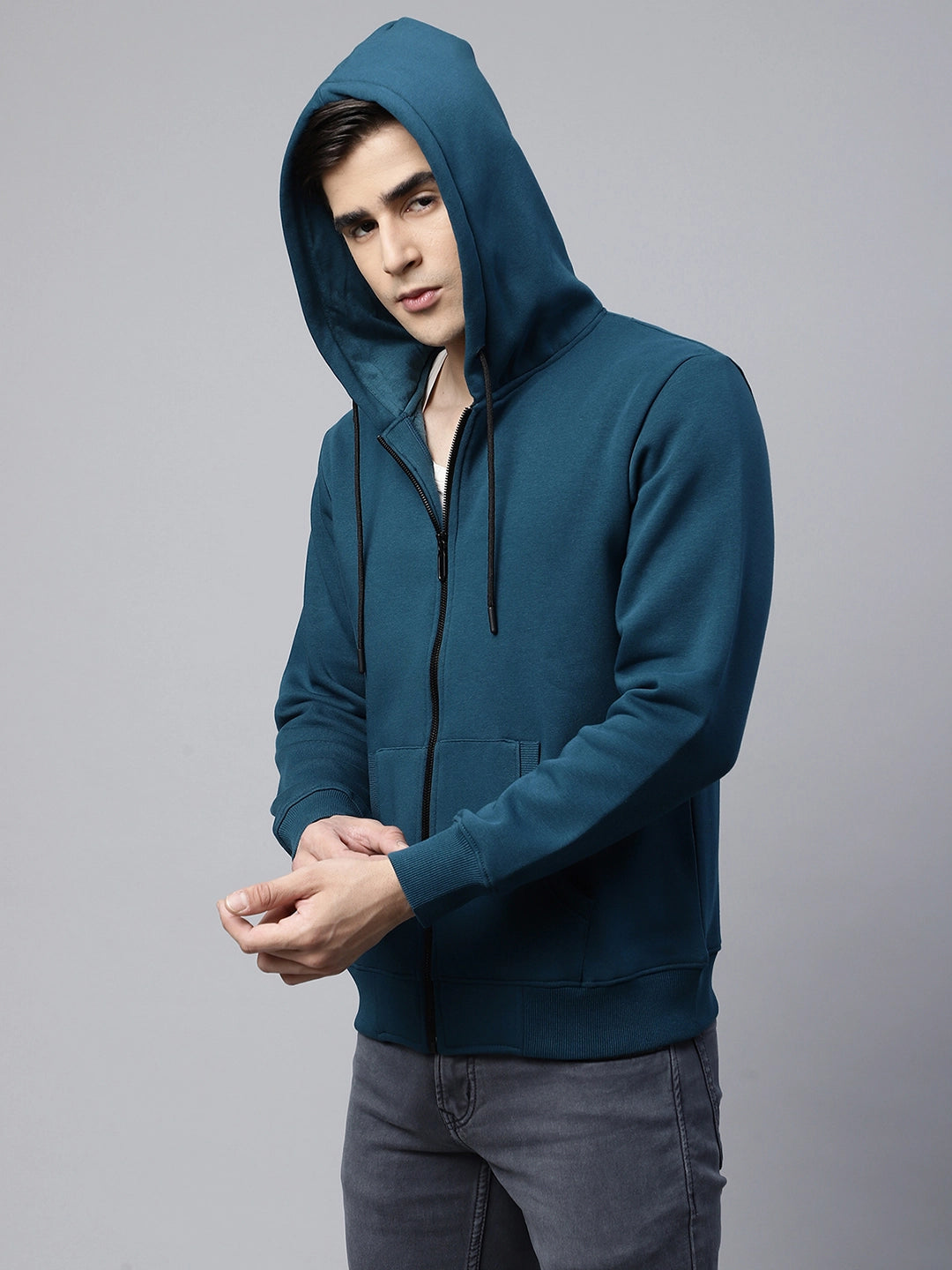 Mens Teal Solid Regular Fit Fleece Hooded Sweatshirt